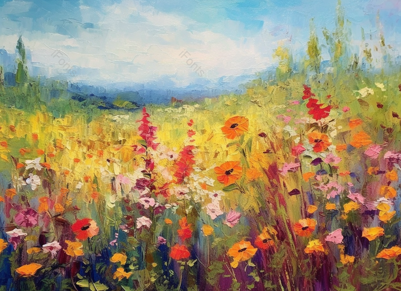 春天夏天天气晴朗草地上黄色红色野花花簇花朵盛开手绘油画插画,插画/手绘图,插画/手绘图库,插画/手绘图下载,插画/手绘